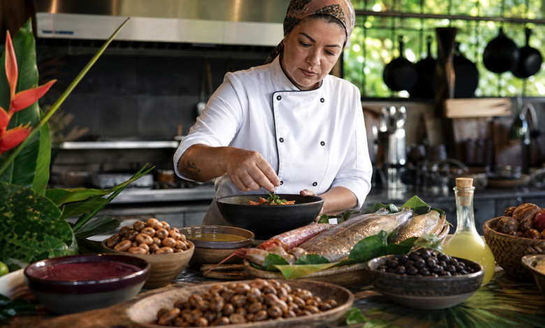 Chef prepara pratos da gastronomia do Amapá com ingredientes amazônicos em cozinha profissional